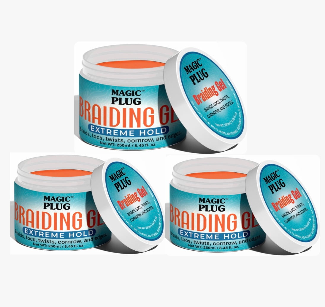 3 jars of MAGIC PLUG Braiding Gel Extreme Hold 250ml .