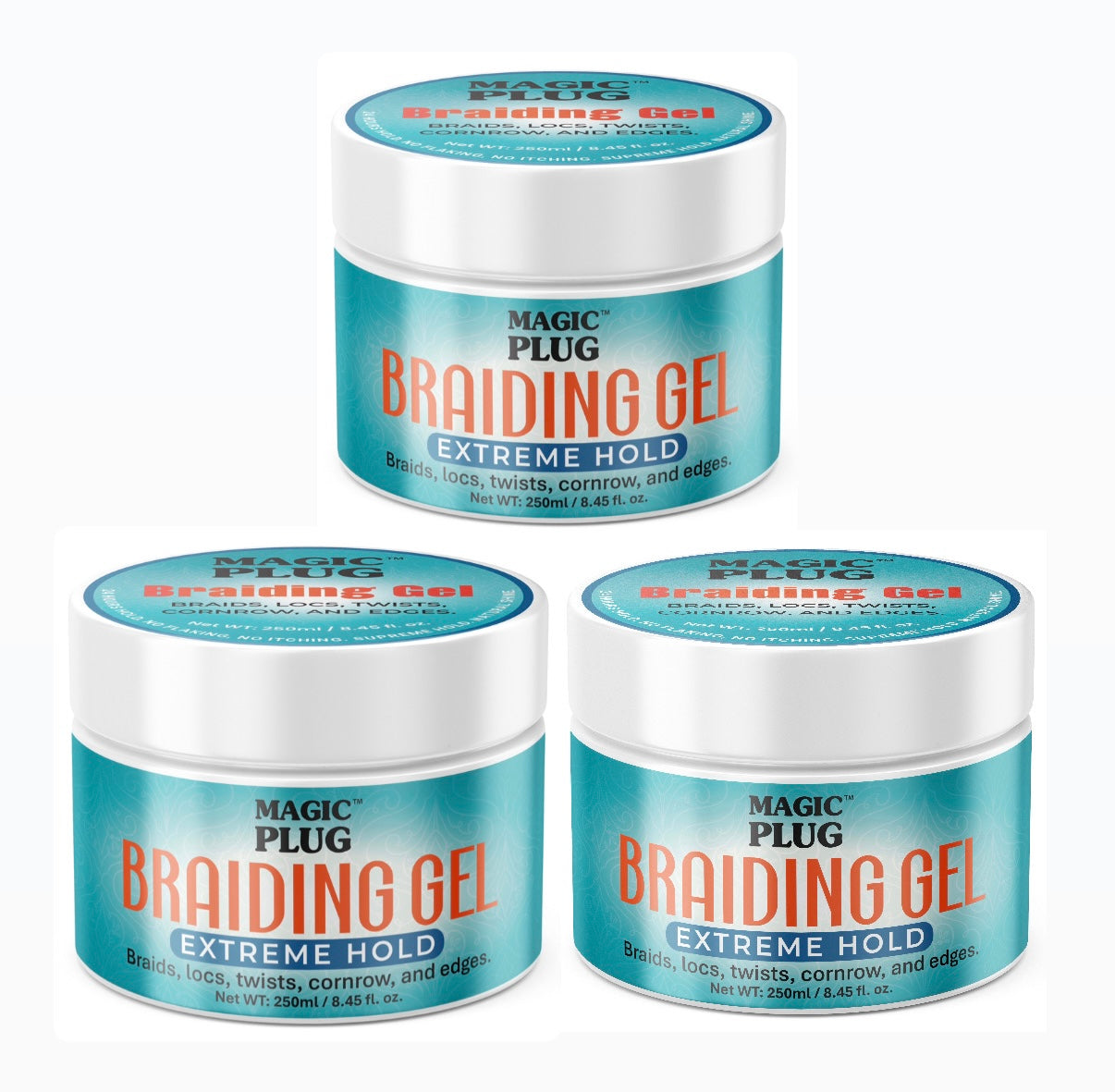 3 jars of MAGIC PLUG Braiding Gel Extreme Hold 250ml .