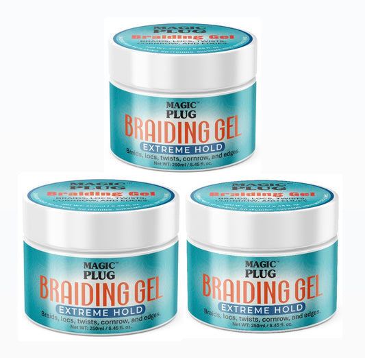 3 jars of MAGIC PLUG Braiding Gel Extreme Hold 250ml .